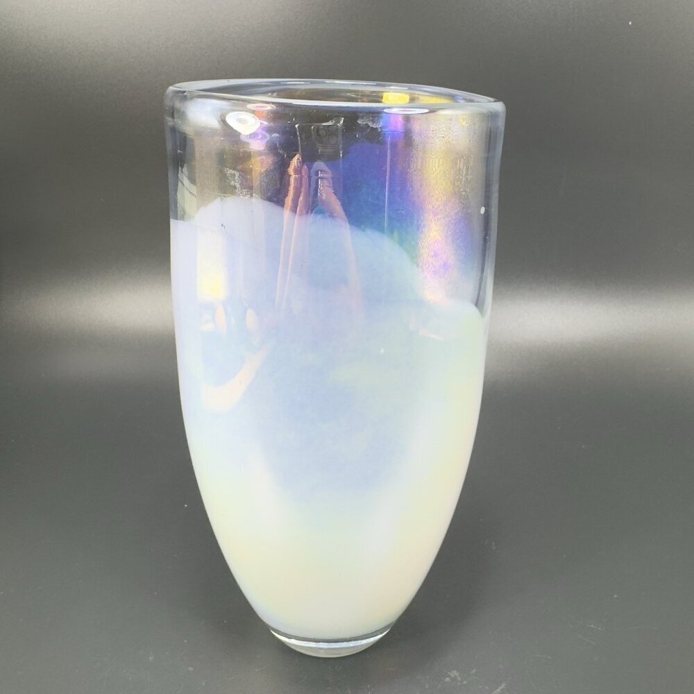 Heavy Art Glass Vase Vessel White Iridescent Finish Multicolor Glass Vase‎ Decor